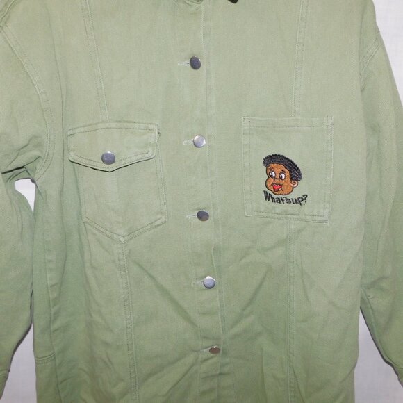 Mens L Green Denim Baby Fat Albert What's Up? Embroidered Long Sleeve Shirt - Picture 11 of 13